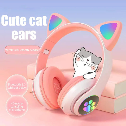 LED Cute Cat Ear Kawaii-Themed Wireless Headphones with Mic